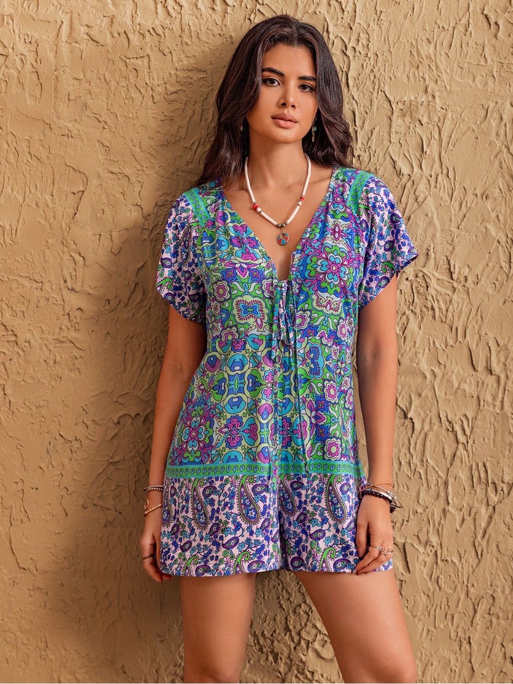 💙Hello Gorgeous! Boho Floral Print V-Neck Romper - Multicolor